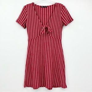 ZARA Red Textured Striped Knit Mini Dress w/Tie Front